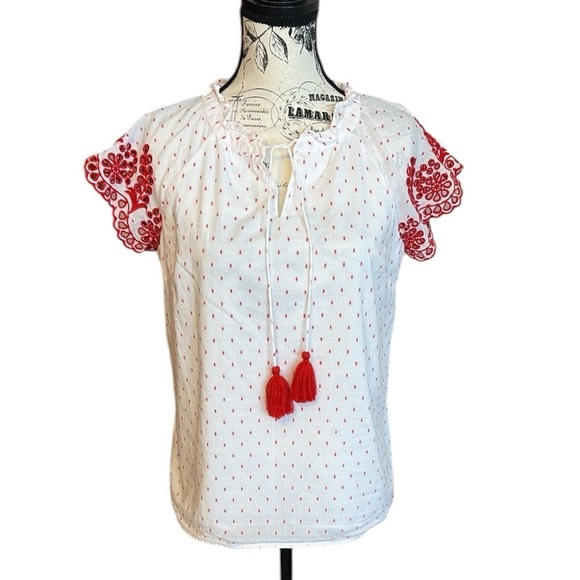 Talbots Women's Petite Eyelet Sleeve Top White and Red Size MP - Picture 2 of 7